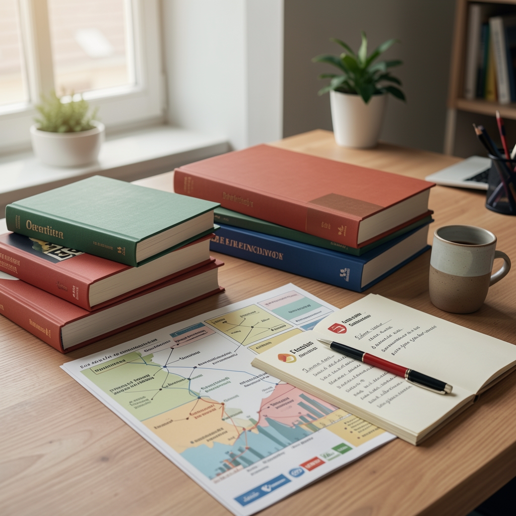 Ruhiger Redaktionsraum mit Büchern, Karten und Notizen zur beruflichen Orientierung in Deutschland