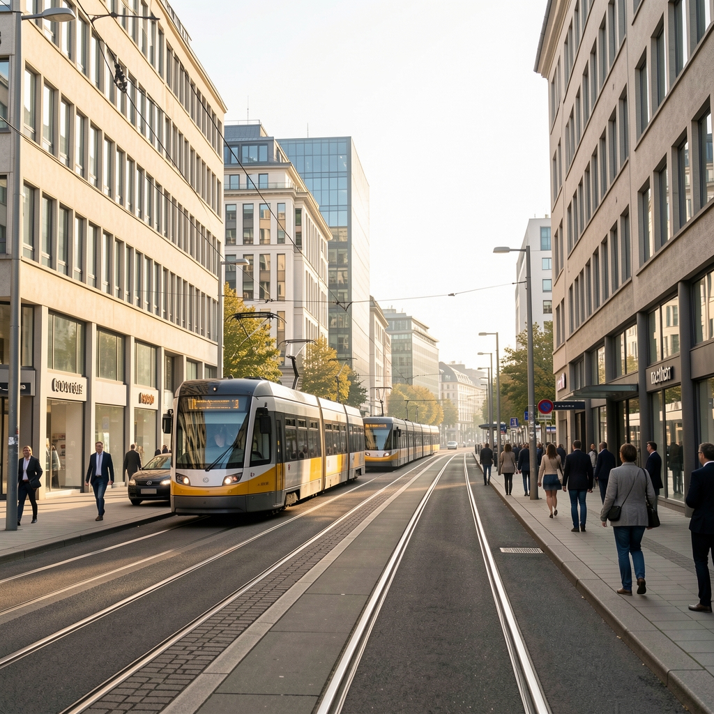 Straßenszene in Frankfurt mit Bürogebäuden, Straßenbahn und Berufstätigen am Morgen