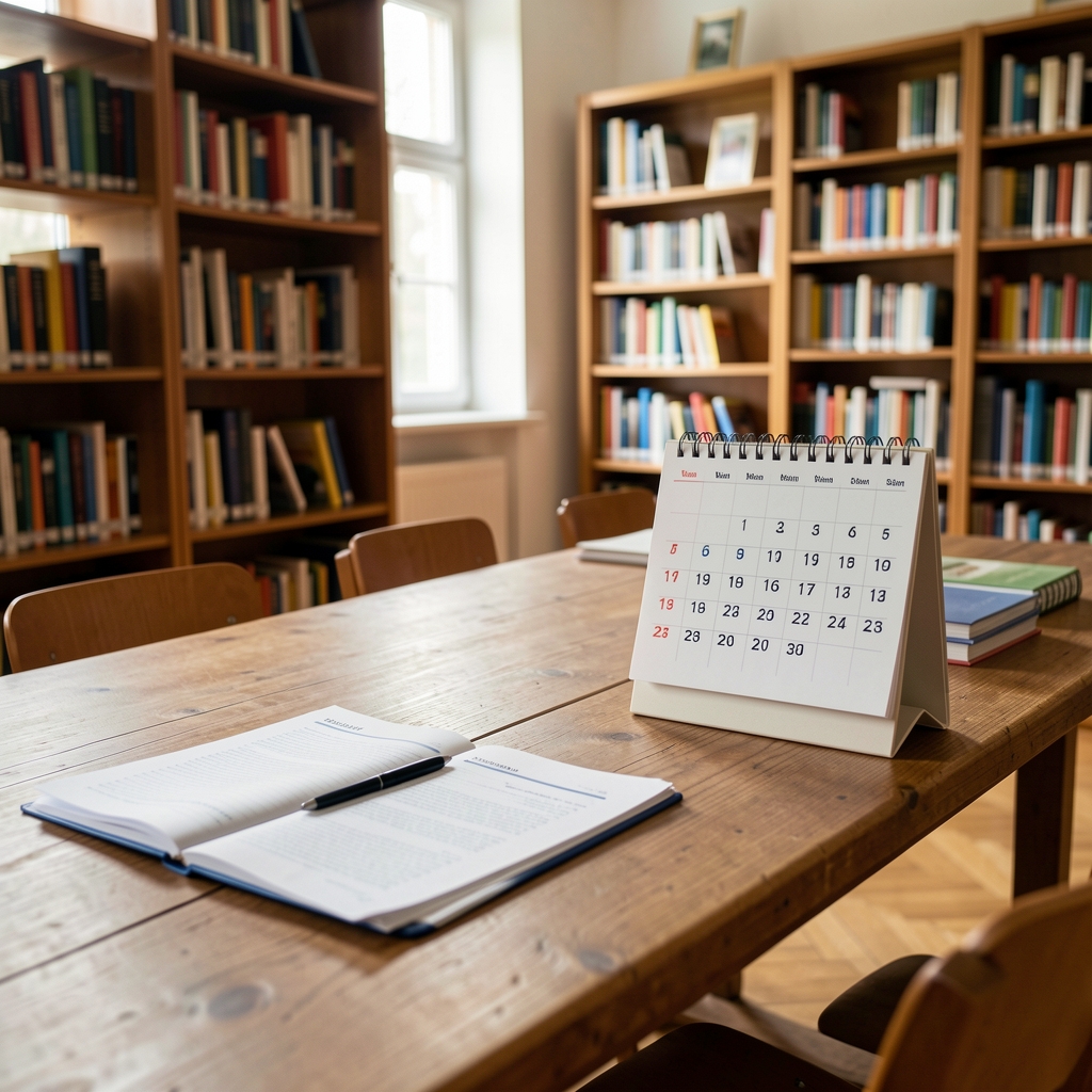 Junge Erwachsene an einem Holztisch mit Ausbildungsunterlagen und Kalender in einer deutschen Bibliothek