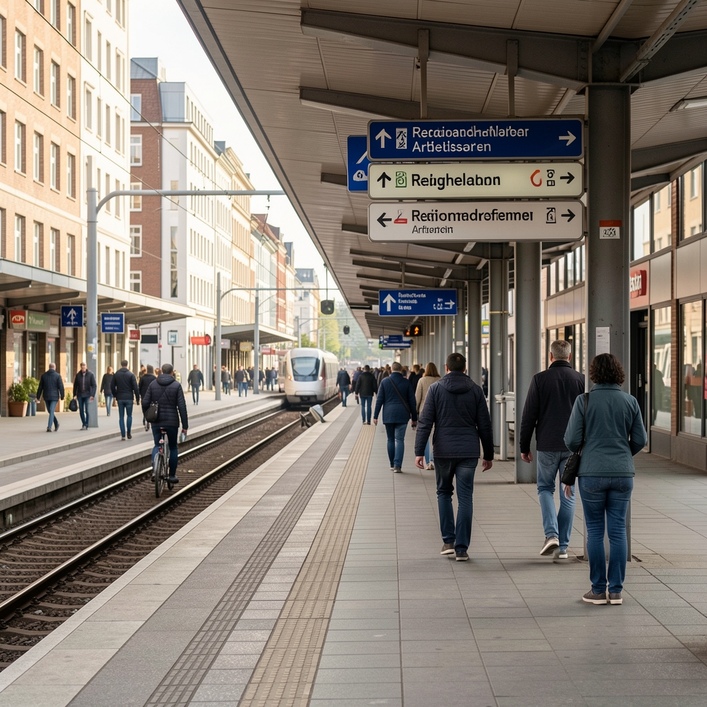 Bahnsteig in einer deutschen Stadt mit Pendelnden und Wegweiser zu regionalen Arbeitsorten