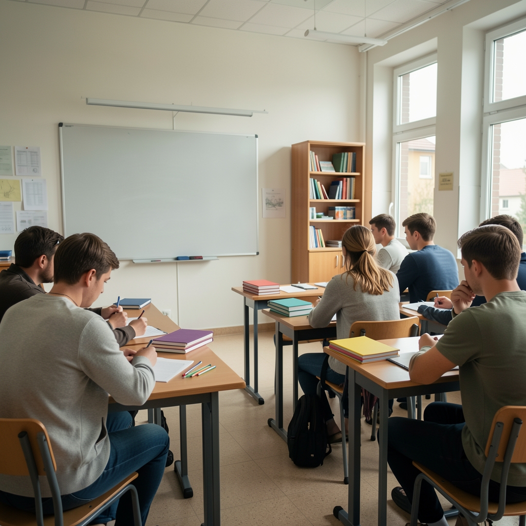 Unterrichtsraum einer deutschen Berufsschule mit Tafel, Heften und konzentrierten Auszubildenden