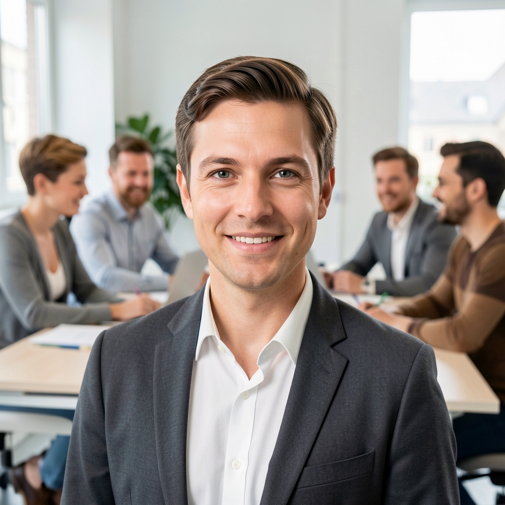 Vielfältiges Team in einem hellen Berliner Büro bei einer gemeinsamen Arbeitsbesprechung
