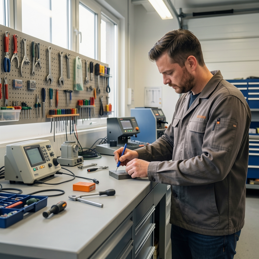 Moderne deutsche Werkstatt mit sauberer Arbeitsfläche, Messgeräten und konzentrierter Fachkraft