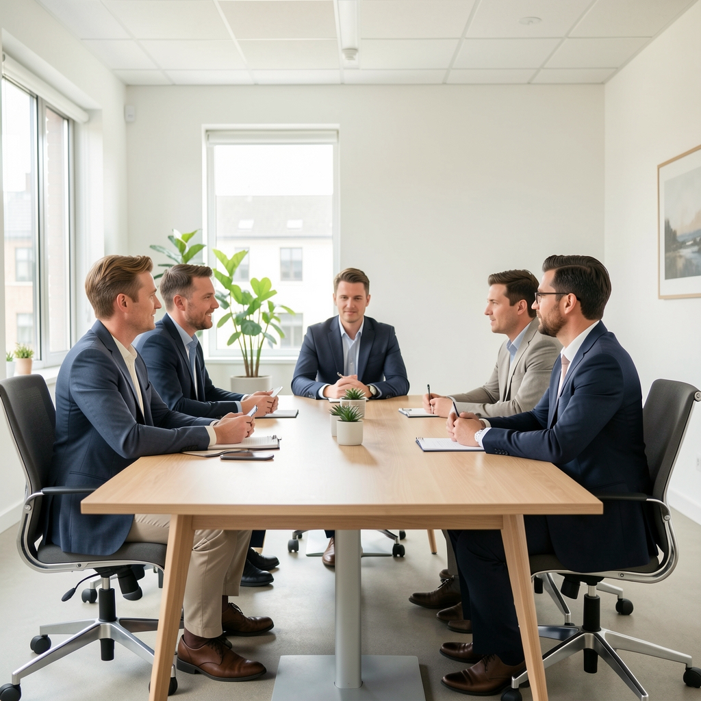 Zwei Personen in einem hellen Besprechungsraum bei einem sachlichen Bewerbungsgespräch