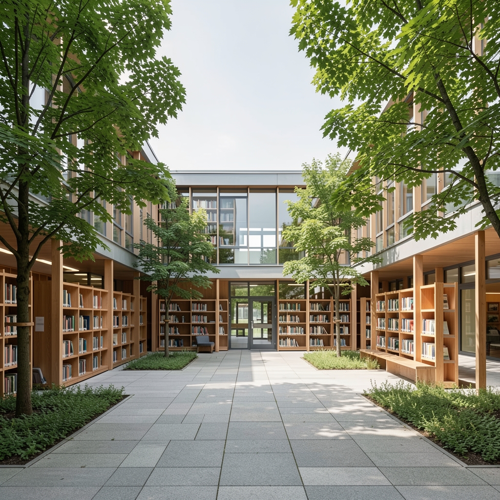 Moderner deutscher Hochschulcampus mit Bibliothek, Bäumen und ruhigem Innenhof