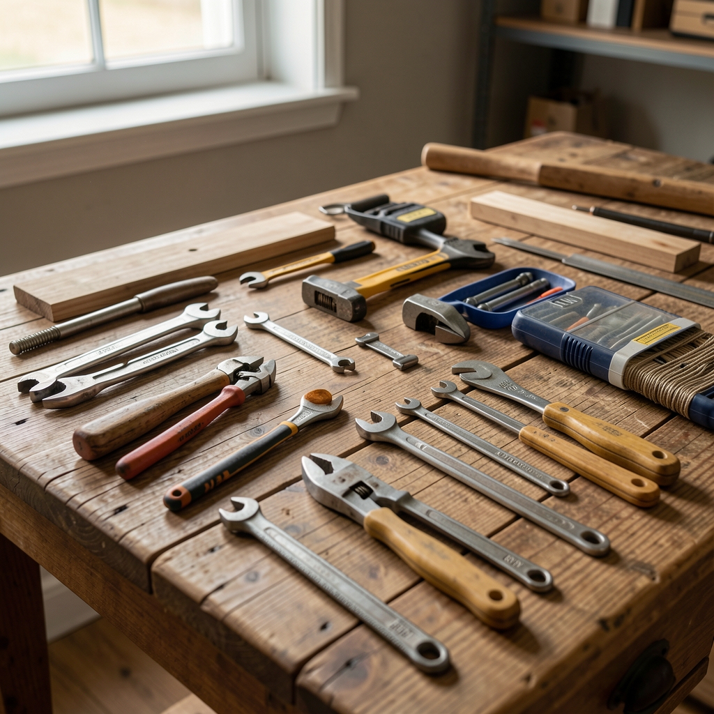 Helle Ausbildungswerkstatt mit Werkzeugen, Holztisch und sorgfältig geordneten Materialien