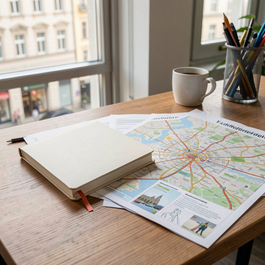 Heller Lesesaal in Frankfurt mit Notizbuch, Stadtkarte und Unterlagen zur beruflichen Orientierung