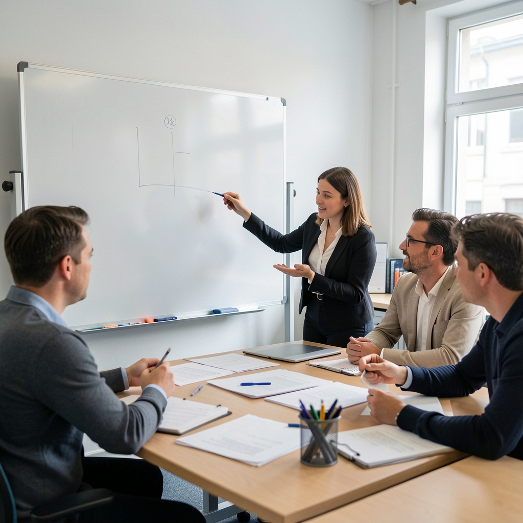 Kleine Lerngruppe in einem Workshop mit Whiteboard, Unterlagen und konzentriertem Austausch