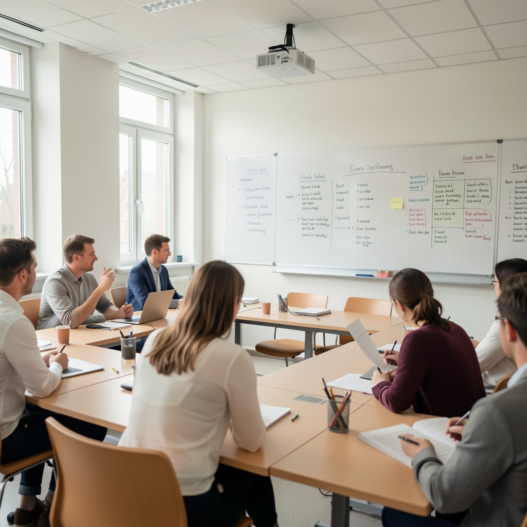 Erwachsene Person in einem hellen Seminarraum bei einer beruflichen Weiterbildung mit Notizen