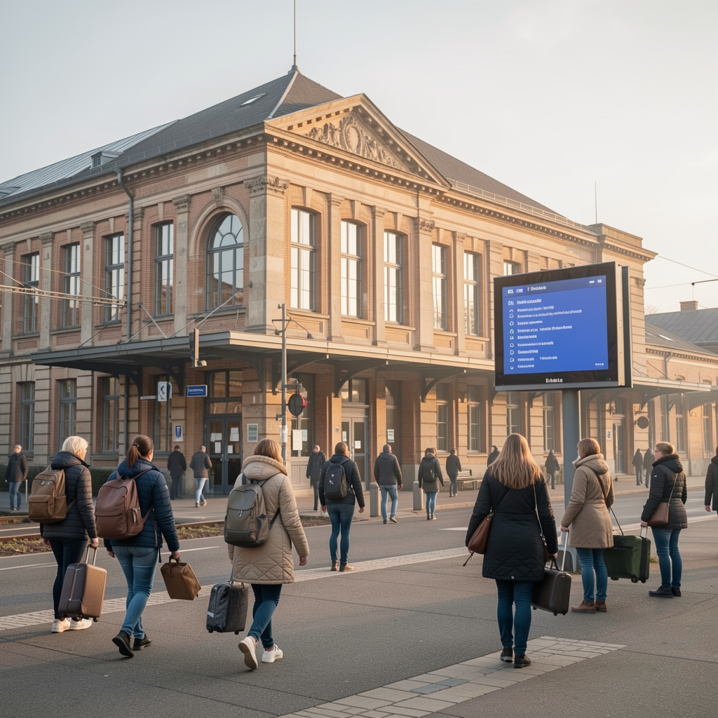 Heller deutscher Bahnhof mit Pendlerinnen und Pendlern am frühen Morgen und digitaler Anzeigetafel