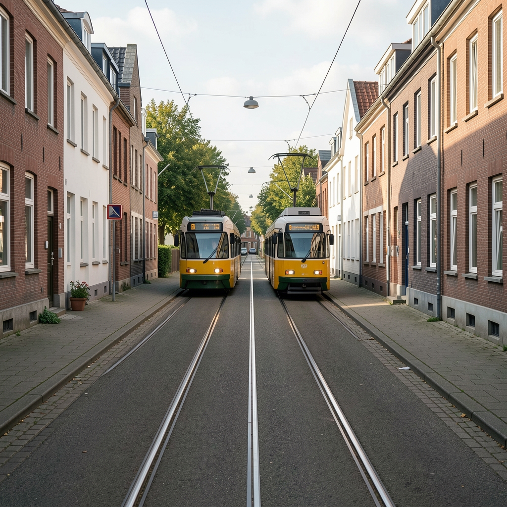 Frankfurter Skyline und ruhige Wohnstraße mit Straßenbahn als Beispiel für regionale Arbeitswege