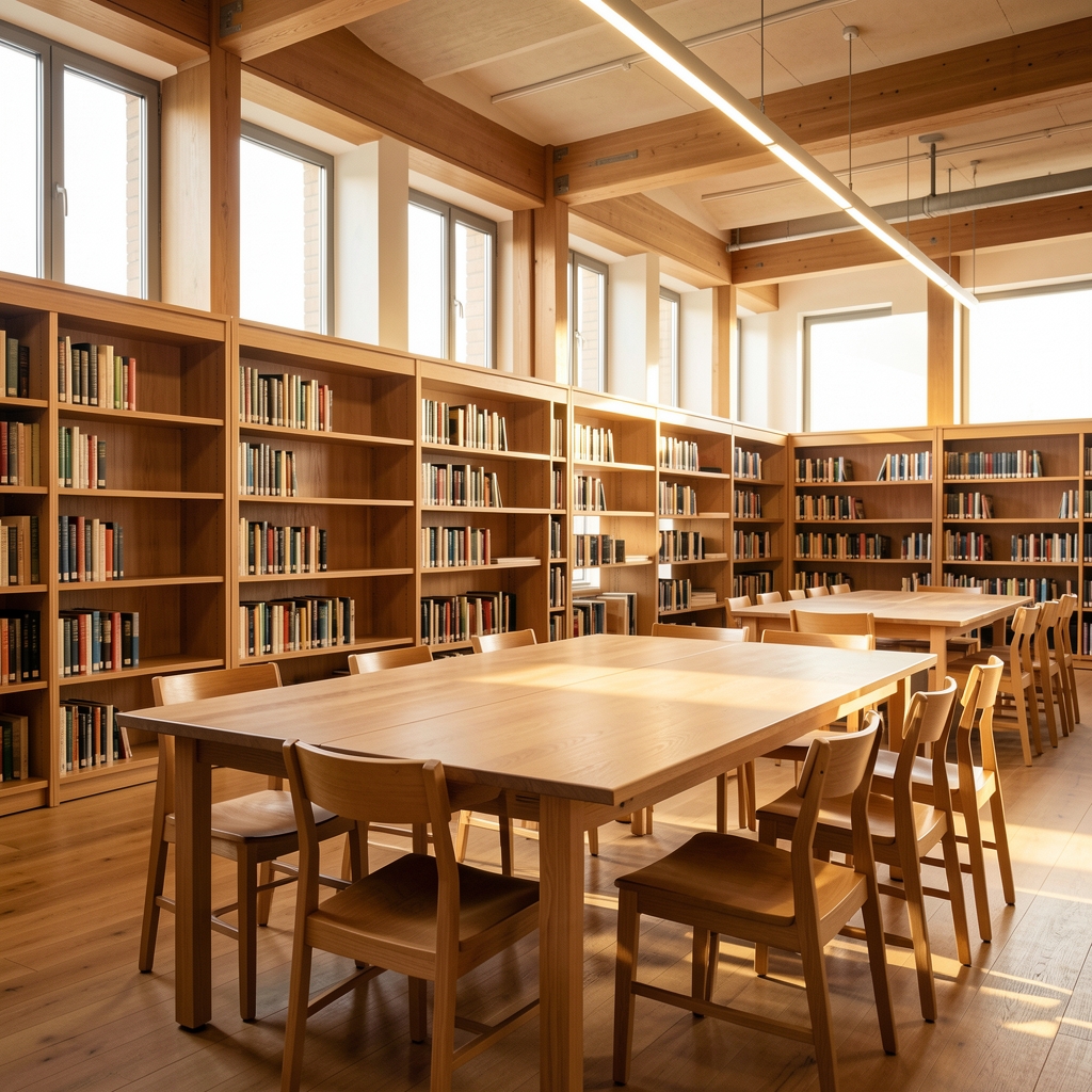 Holztische und Bücherregale in einer modernen Universitätsbibliothek mit warmem Tageslicht