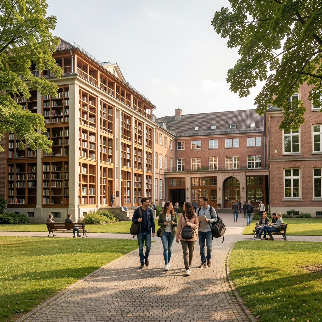 Ruhiger deutscher Hochschulcampus mit Bibliotheksgebäude und Studierenden auf einem Weg
